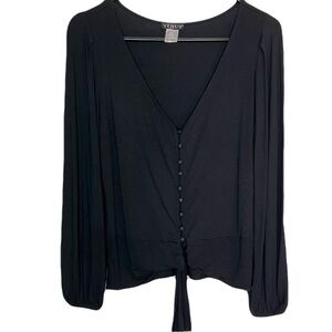 VENUS Black Button-Down V-Neck Blouse with Tie